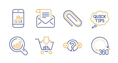 Test testi, Akıllı Telefon istatistikleri ve Seo analiz simgeleri ayarlayın. Ataş, Posta bülteni ve Hızlı ipuçları işaretleri. Vektör