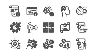 Mühendislik simgeleri. Bulmaca, Bölücüler aracı ve Mimar planı. Klasik simge seti. Vektör