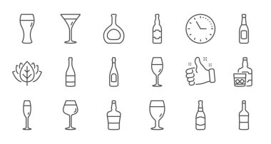 Şişe satır simgeleri. Bira içecekleri, şarap bardağı ve viski şişesi. Doğrusal simge seti. Vektör