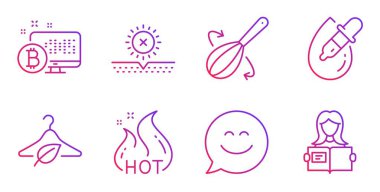 Smile sohbet, Göz damlaları ve Bitcoin sistem simgeleri ayarlayın. Sıcak satış, Yavaş moda ve Pişirme çırpma işaretleri. Vektör