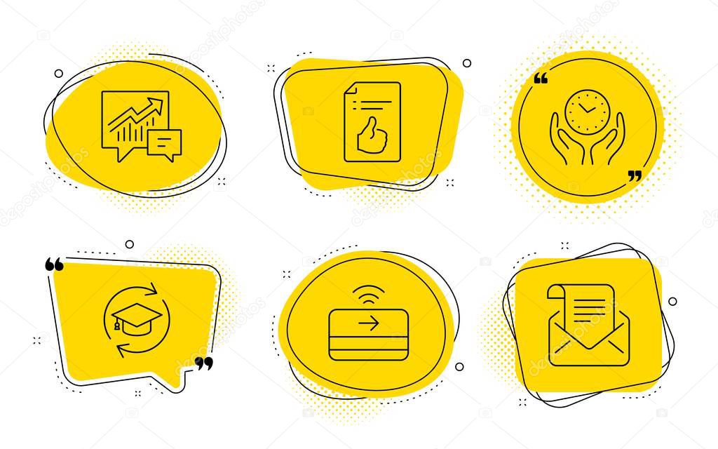 Approved document, Safe time and Contactless payment icons set. Vector