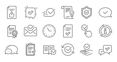 Satır simgelerini onaylayın. Kontrol listesi, Sertifika ve Ödül madalyası. Doğrusal simge seti. Vektör