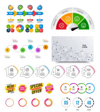 İnfografik öğeler. Finansal grafik, seçenekler afiş rozetleri. Satış şekilleri, geri sayım. Analitik grafik, zaman çizelgesi. Vektör