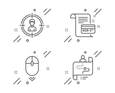 Aşağı kaydırın, Headhunting ve Ödeme kartı simgeleri ayarlayın. Yolculuk yolu işareti. Vektör