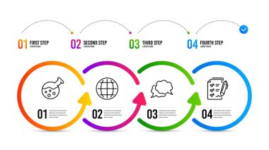 Kimya laboratuvarı, Sohbet mesajı ve Globe simgeleri ayarlayın. Anket denetim listesi işareti. Vektör