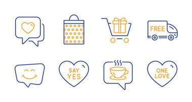 Kahve, Kalp ve Gülümseme sohbet simgeleri ayarlayın. Ücretsiz teslimat, Alışveriş sepeti ve evet işaretleri deyin. Vektör
