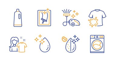 Elektrikli süpürge, Pencere temizliği ve Kirli su simgeleri ayarlayın. Şampuan, kirli t-shirt ve su damla işaretleri. Vektör