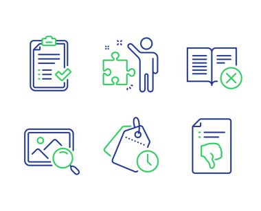 Reddedilen kitap, Onaylı denetim listesi ve Strateji simgeleri ayarlayın. Arama fotoğrafı, Zaman yönetimi ve Başparmak aşağı işaretleri. Vektör