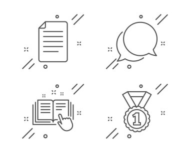 Sohbet iletisi, Teknik dokümantasyon ve Dosya simgeleri ayarlandı. En iyi rütbe işareti. Konuşma balonu, Manuel, Kağıt sayfası. Vektör