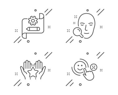 Yüz arama, Sıralama ve Cogwheel plan simgeleri ayarlayın. Müşteri memnuniyeti işareti. Vektör