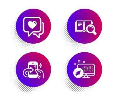 Çağrıyı, Kalp ve Arama kitap simgelerini ayarlayın. Web sistemi işareti. Telefon desteği, Love sohbet, Online eğitim. Vektör