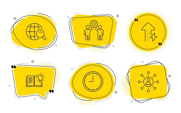 Çalışanların takım çalışması, Zaman ve Internet arama simgeleri ayarlanır. Ürün bilgisi, Enerji büyüyen ve Ağ işaretleri. Vektör