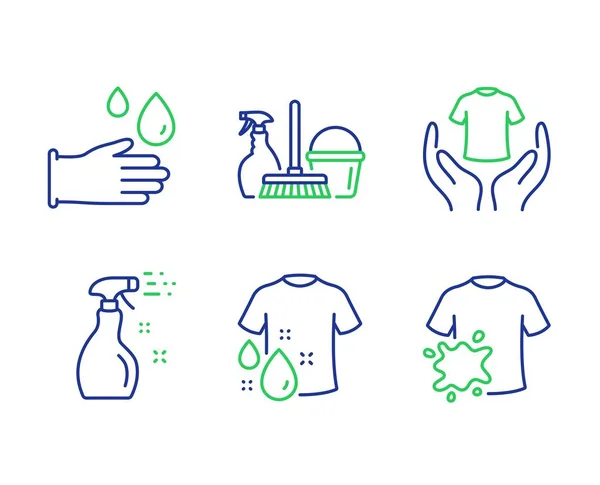 Haushaltsservice, Reinigungsspray und T-Shirt-Symbole halten. Gummihandschuhe, T-Shirt-Schilder waschen. Vektor — Stockvektor