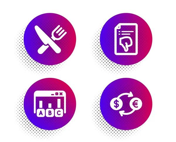 Anket sonuçları, Thumb down ve Gıda simgeleri ayarlayın. Döviz bozdurma işareti. En iyi cevap, Reddet dosyası, Çatal Bıçak Takımı. Vektör