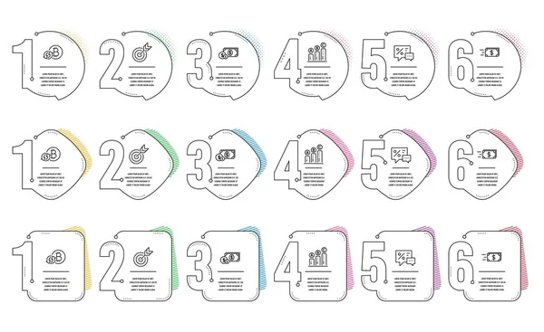 Rabatte, Ziel- und Dollarsymbole gesetzt. Geldüberweisung, Auffrischung von Bitcoin- und Diagrammzeichen. Vektor — Stockvektor