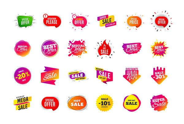 Sale banner badge. Special offer discount tags. Coupon shape templates. Best offer badge. Super discount icons. Vector