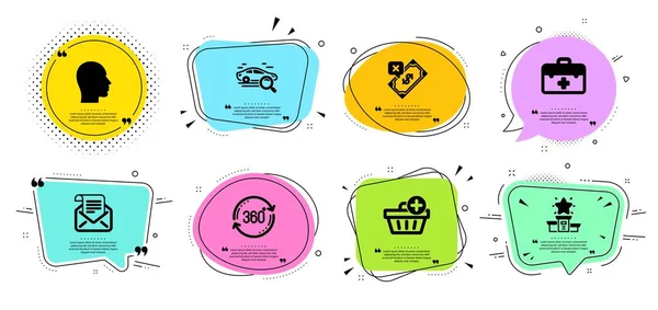 İlk yardım, Reddedilen ödeme ve Tam döndürme simgeleri ayarlandı. Arama araba, Kazanan podyum ve Posta bülten işaretleri. Vektör