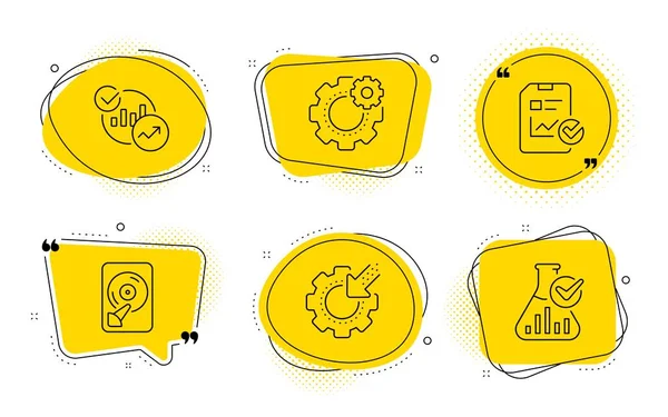 İstatistikler, Seo dişli ve Hdd simgeleri ayarlayın. Rapor kontrol listesi, Cogwheel ve Kimya laboratuvar işaretleri. Vektör