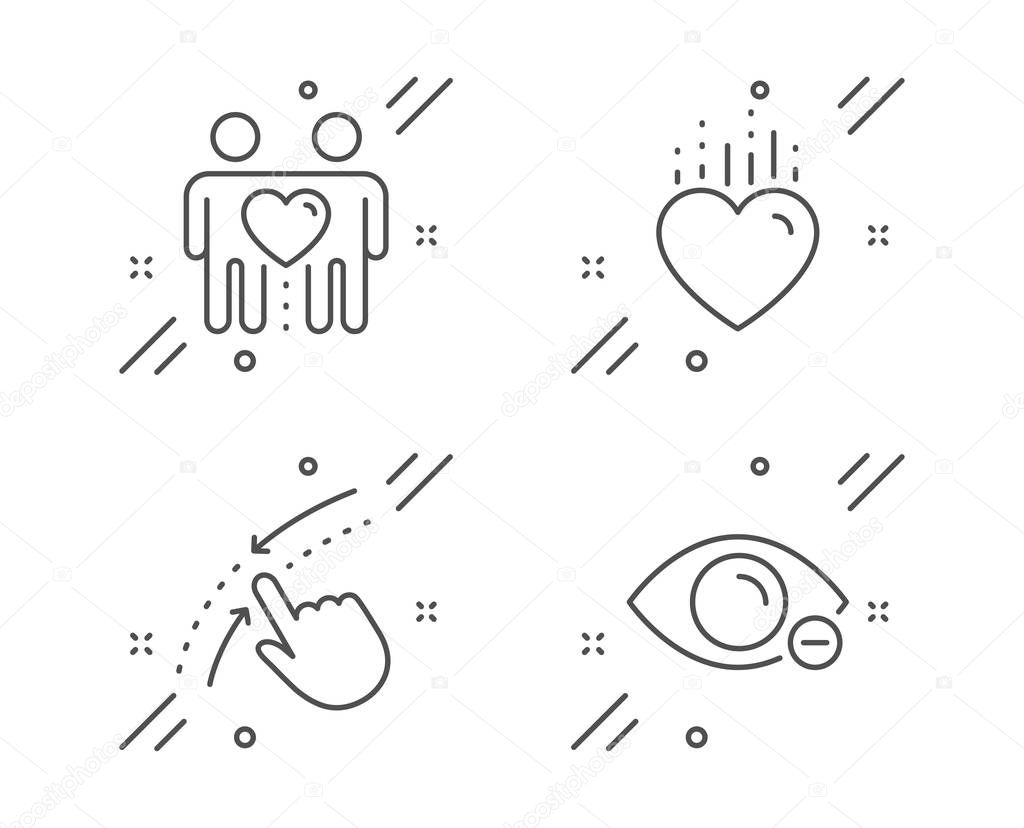 Friends couple, Heart and Swipe up icons set. Myopia sign. Friendship, Love, Touch down. Eye vision. Vector