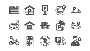 Park simgeleri. Garaj, Vale hizmetçisi ve Ücretli otopark. Klasik simge seti. Vektör