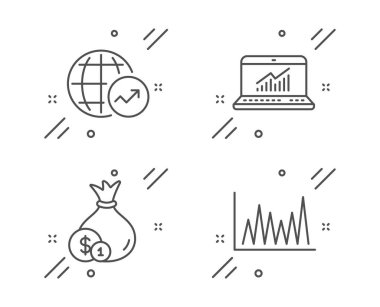 Dünya istatistikleri, Online istatistikler ve Nakit simgeleri ayarlayın. Çizgi grafik işareti. Vektör