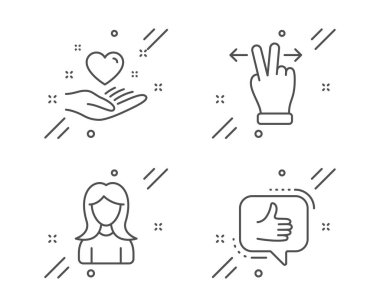 Kalbi, Dokunmatik ekran hareketi ve Kadın simgelerini ayarlayın. İşaret gibi. Dostluk, Kaydırma, Kız profili. Çok iyi. Vektör