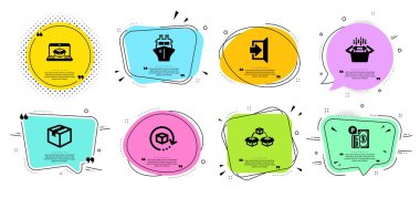 Parsel, Çıkış ve İade paketi simgeleri ayarlanır. Koli nakliye, Ambalaj kutuları ve Gemi işaretleri. Vektör