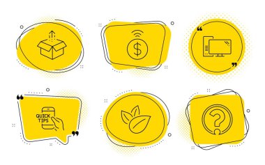 Temassız ödeme, Organik ürün ve Bilgisayar simgeleri ayarlayın. Kutu, Eğitim ve Soru işareti işaretleri gönderin. Vektör