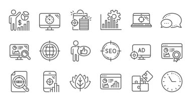 Seo satır simgeleri. Satışları, İş stratejisini ve Arama optimizasyonunu artırın. Doğrusal simge seti. Vektör