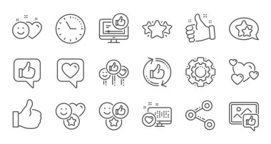 Sosyal medya çizgi simgeleri. Ağı paylaşın, Başparmak yukarı ve Derecelendirme gibi. Doğrusal simge seti. Vektör