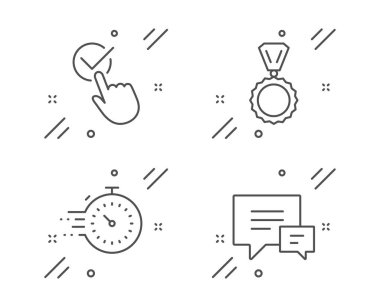 Madalya, Onay Kutusu ve Zamanlayıcı simgeleri ayarlandı. Yorum işareti. Kazanan, Onaylı, Son Tarih yönetimi. Kabarcıklar konuşun. Vektör