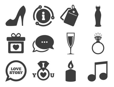 Düğün, nişan ikonları. Elmaslı yüzük. Vektör