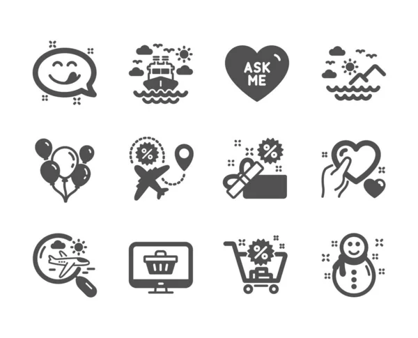 Set di icone di vacanze, come palloncini, vendita di voli, negozio web. Vettore — Vettoriale Stock
