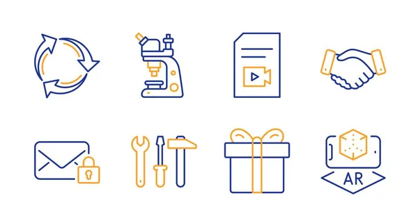 Plik wideo, uzgadnianie pracowników i zestaw bezpiecznych ikon poczty. Pudełko na prezent, recykling i znaki narzędzia klucza. Wektor — Wektor stockowy