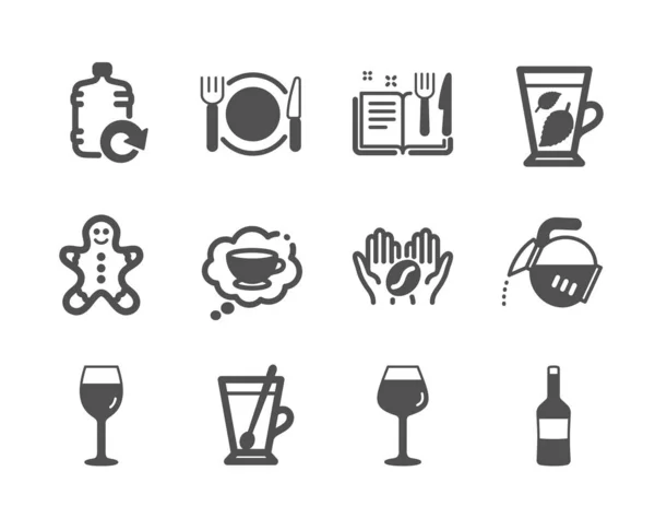 Conjunto de iconos de alimentos y bebidas, como la comida del restaurante, hojas de menta, copa de vino. Vector — Vector de stock