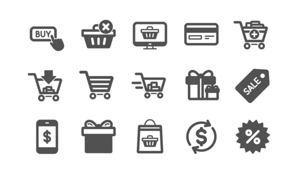 Iconos de bolsa de compras. Regalo, regalo y descuento de venta. Conjunto de iconos clásico. Vector — Vector de stock