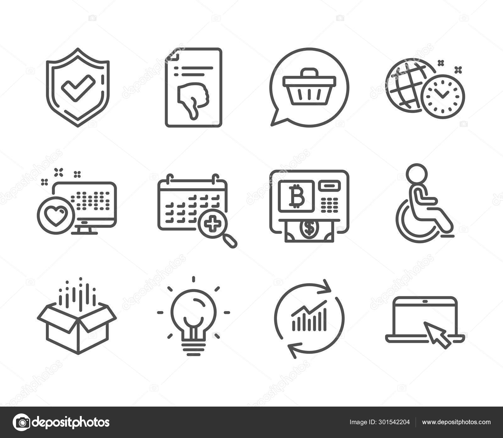 열기 상자, 확인됨, 엄지 손가락 아래로 와 같은 기술 아이콘 세트입니다. 벡터 스톡 벡터 - ©Blankstock 301542204