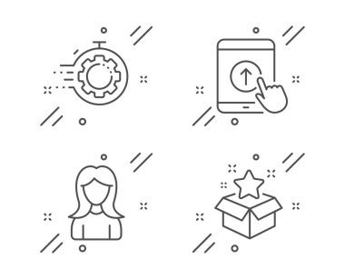 Yukarı kaydırın, Kadın ve Seo zamanlayıcı simgeleri ayarlayın. Sadakat programı işareti. Kaydırma ekranı, Kız profili, Cogwheel. Vektör