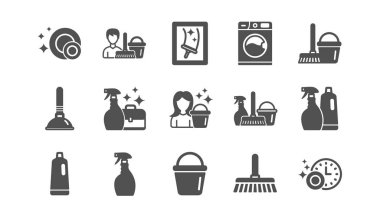 Temizleme simgeleri. Çamaşır, Sünger ve Elektrikli Süpürge. Klasik simge seti. Vektör