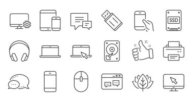 Aygıt satırı simgeleri. Laptop, SSD ve kulaklıklar. Doğrusal simge seti. Vektör