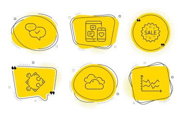 Bulutlu hava, Onaylı ve Sosyal medya simgeleri ayarlayın. Satış, Strateji ve Diyagram grafik işaretleri. Vektör