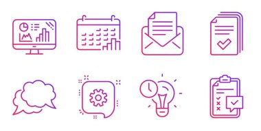 Sohbet mesajı, Cogwheel ve Mail yazışma simgeleri ayarlayın. Zaman yönetimi, Dinleyici Ve Takvim grafik işaretleri. Vektör