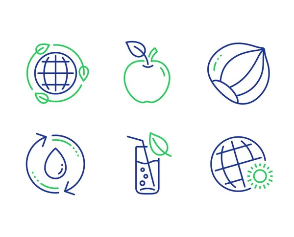 Set di icone in vetro Nocciola, Energia ecologica e Acqua. Mela, Ricaricare l'acqua e segni meteorologici del mondo. Vettore — Vettoriale Stock