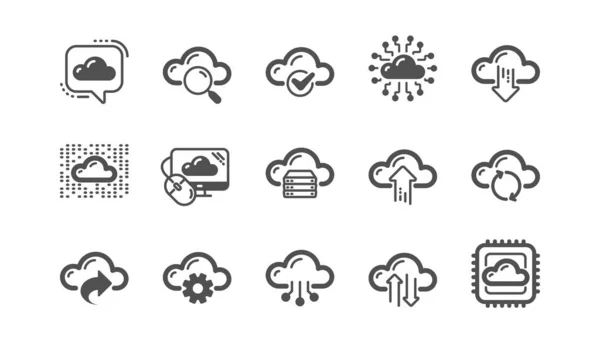 Computer Cloud-pictogrammen. Hosting, computergegevens en bestandsopslag. Klassieke icon set. Vector — Stockvector