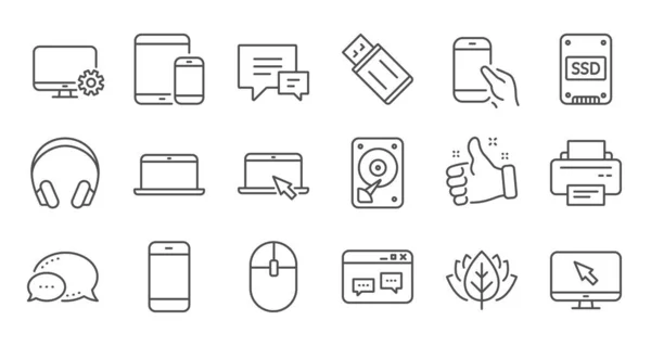 Iconos de línea de dispositivo. Ordenador portátil, SSD y auriculares. Set de iconos lineales. Vector — Vector de stock