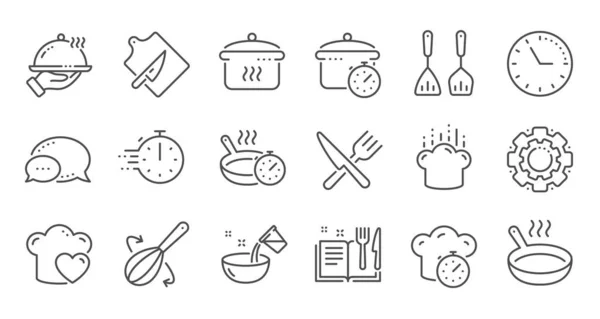 Ícones de linha de cozinha. Tempo de ebulição, frigideira e utensílios de cozinha. Conjunto linear. Vetor —  Vetores de Stock