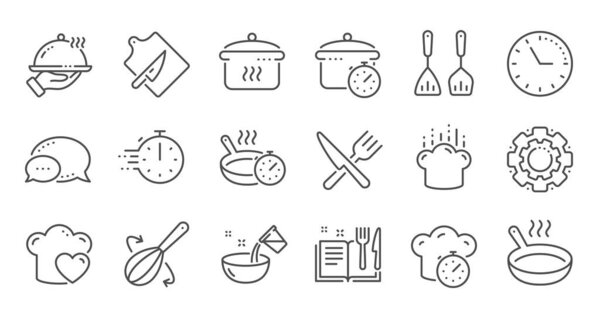 Cooking line icons. Boiling time, Frying pan and Kitchen utensils. Linear set. Vector