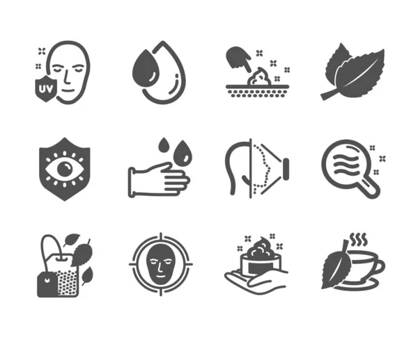 Uppsättning av medicinska ikoner, såsom Mint väska, hud fukt, olje droppe. Vektor — Stock vektor