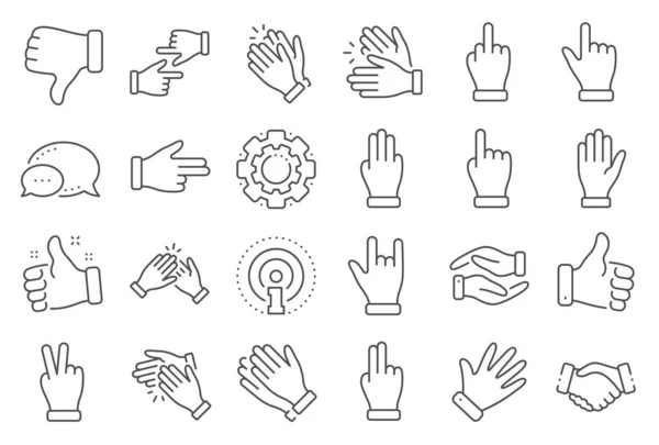 Los gestos de la mano alinean iconos. apretón de manos, aplaudir, victoria. Vector — Vector de stock