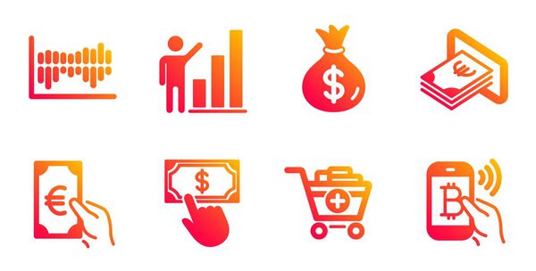 Money bag, Graph chart and Column diagram icons set. Payment click, Finance and Add products signs. Vector